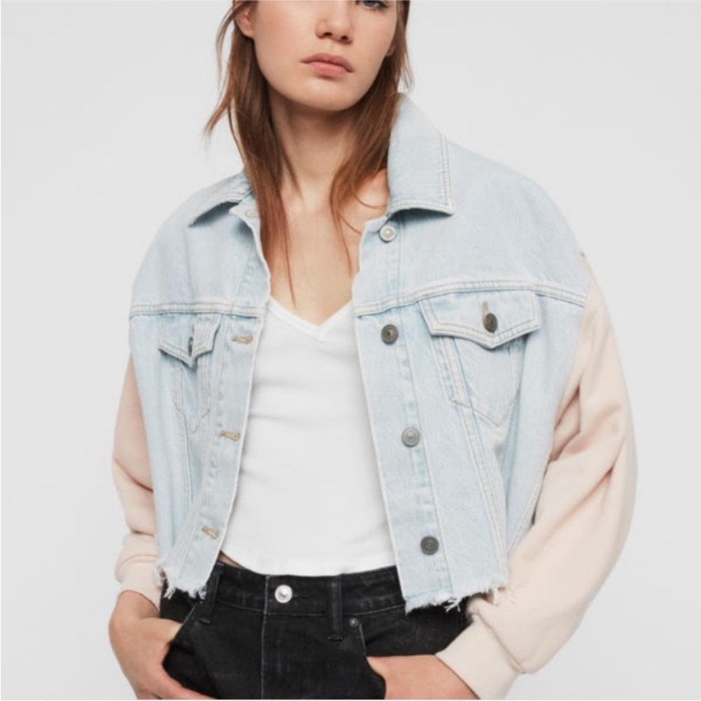 All Saints Anders Mixed Media Oversized Cropped Denim Jean Jacket